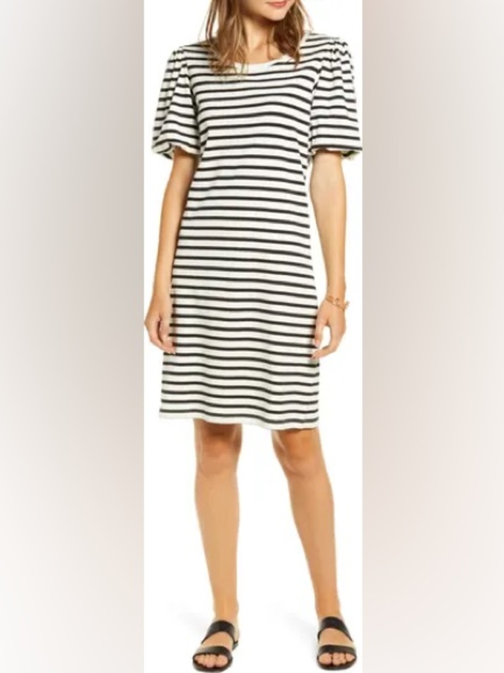 Rachel Parcell Puff Striped Sleeve Dress Black Ivory - Size M